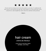 Five stars highlight a customer review for a black container of hair cream, promising light hold, a natural finish, and anti-frizz benefits.
