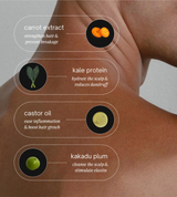 Close-up shows the benefits of carrot extract, kale protein, castor oil, and kakadu plum ingredients for stronger, hydrated, and healthy hair and scalp.