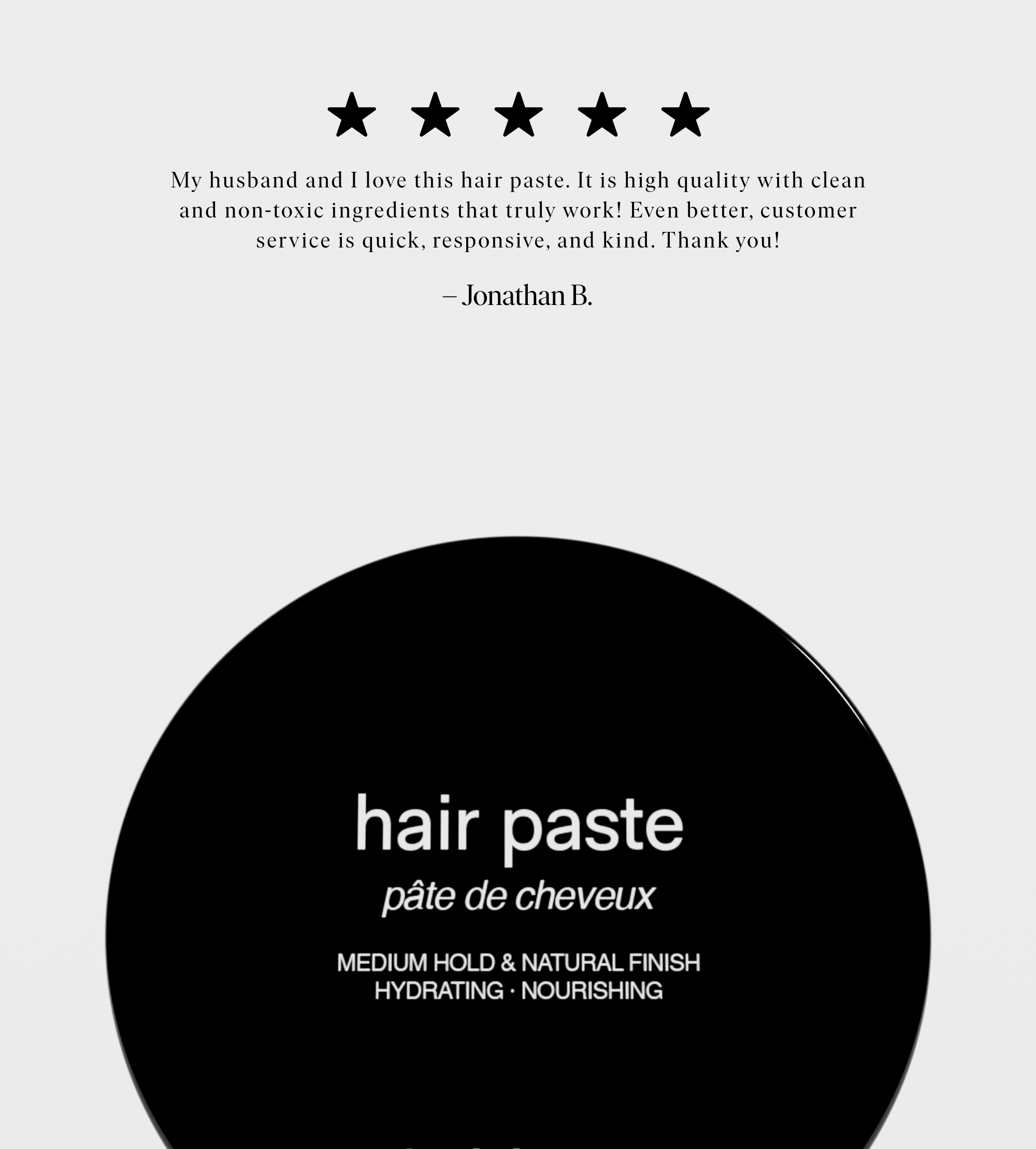 A customer review gives five stars to hydrating and nourishing hair paste with medium hold and a natural finish.
