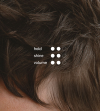 Close-up shows brunette hair with options for selecting desired levels of hold, shine, and volume.

