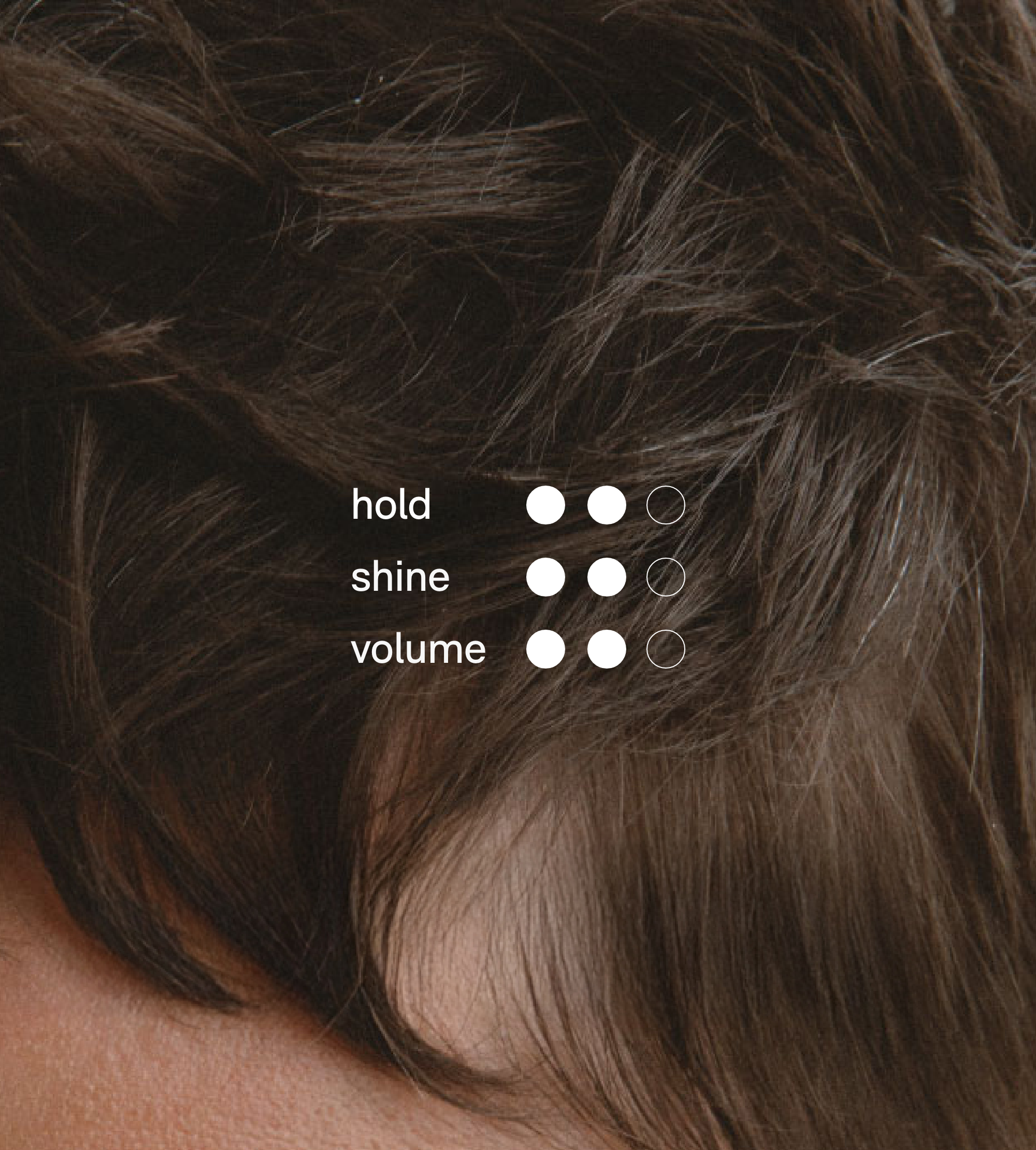 Close-up shows brunette hair with options for selecting desired levels of hold, shine, and volume.
