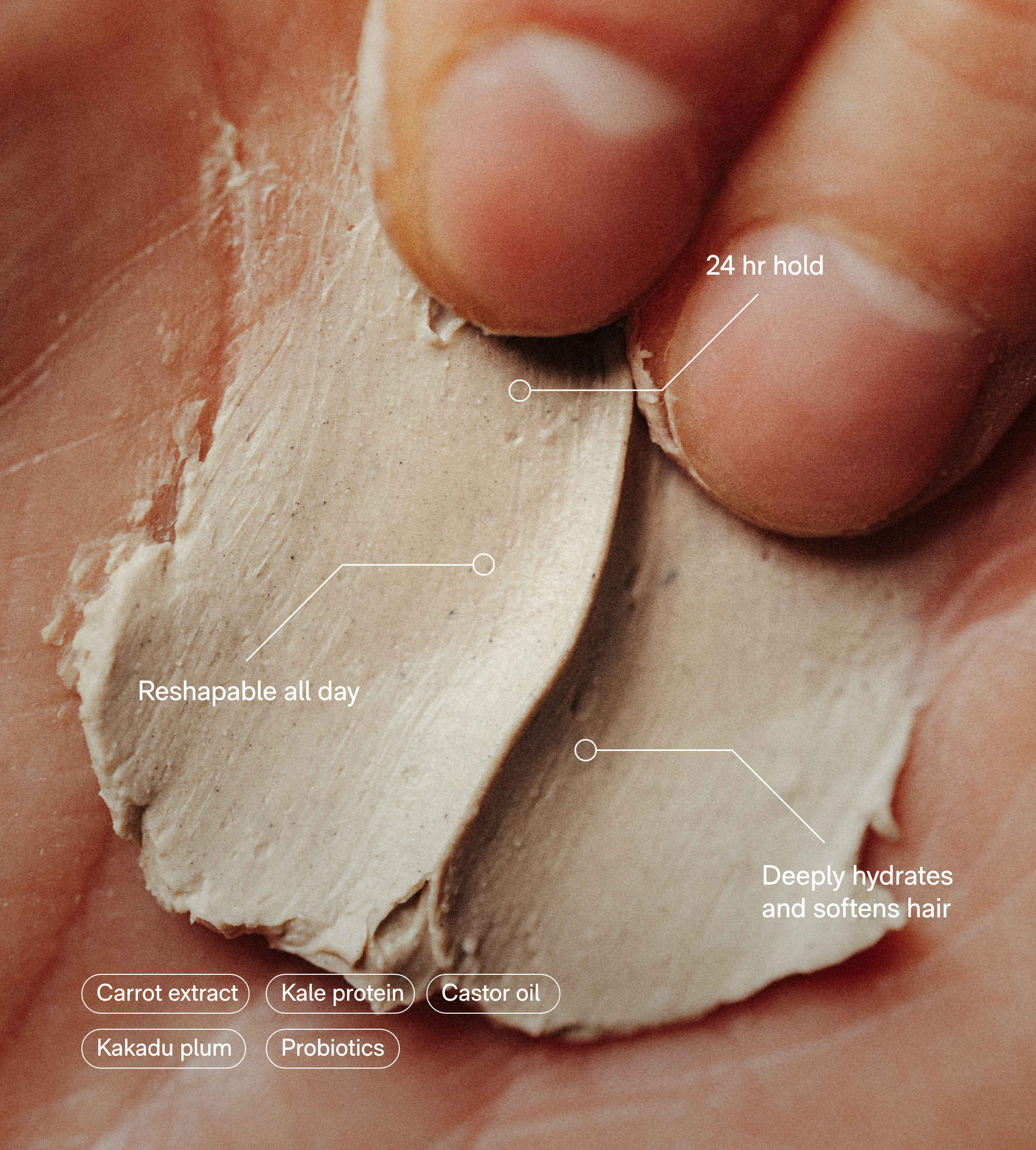 Fingers test the texture of a hydrating hair mask containing kale protein, castor oil, kakadu plum, and probiotics, promising 24-hour hold and all-day reshapability.
