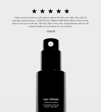 Read a five-star review for black bottle of Hair Refresh sea salt spray, which enhances thickness and texture.
