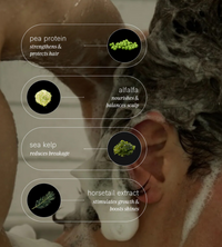 A person washes their hair with a natural shampoo featuring ingredients like pea protein, alfalfa, sea kelp, and horsetail extract for stronger, healthier hair and scalp.
