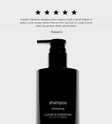 See a bottle of Hinoki Cypress shampoo promising to cleanse and strengthen hair, backed by a five-star review.
