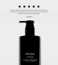 See a bottle of Hinoki Cypress shampoo promising to cleanse and strengthen hair, backed by a five-star review.
