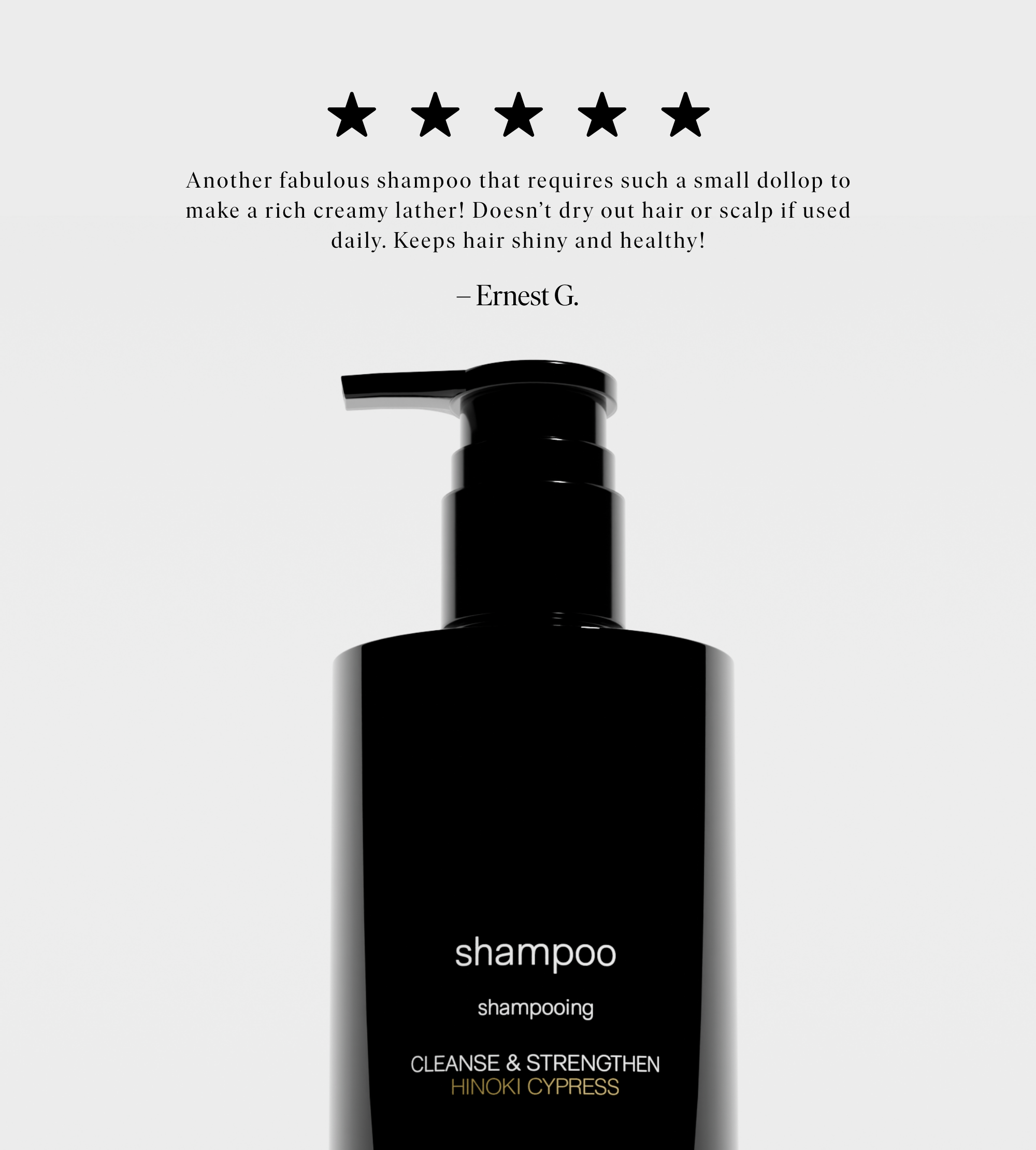 See a bottle of Hinoki Cypress shampoo promising to cleanse and strengthen hair, backed by a five-star review.
