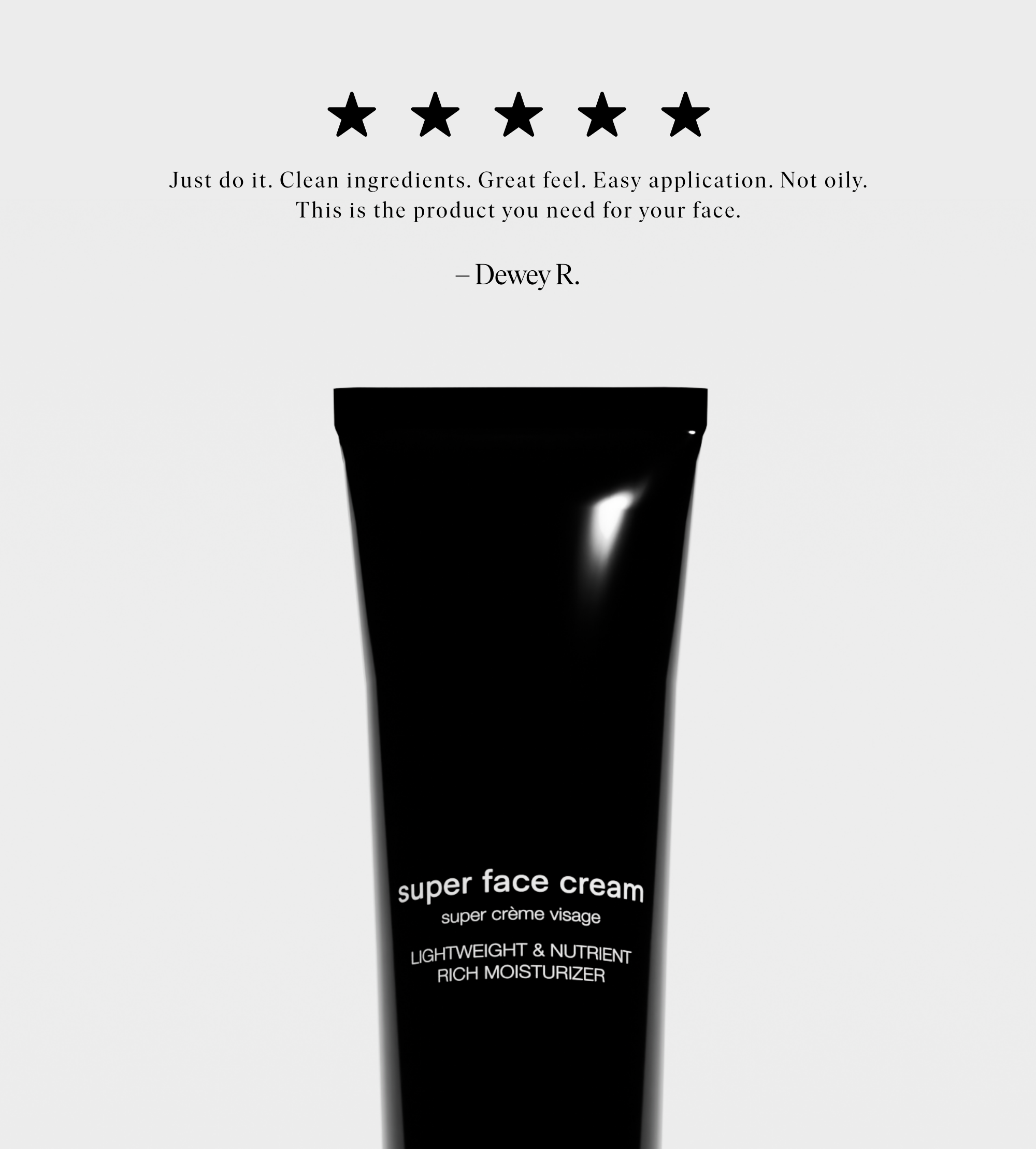 Promotional image shows a tube of Super Face Cream, a lightweight and nutrient-rich moisturizer, receiving a five-star review.