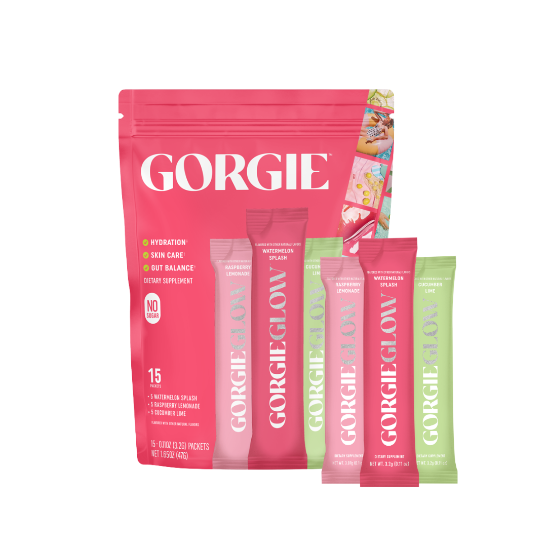 Display shows Gorgie dietary supplement packets in watermelon splash, raspberry lemonade, and cucumber lime flavors for hydration, skin care, and gut balance.