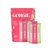 Display shows Gorgie dietary supplement packets in watermelon splash, raspberry lemonade, and cucumber lime flavors for hydration, skin care, and gut balance.