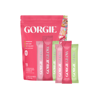 Display shows Gorgie dietary supplement packets in watermelon splash, raspberry lemonade, and cucumber lime flavors for hydration, skin care, and gut balance.