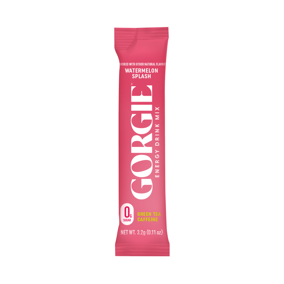 See a pink single-serving packet of Gorgie Watermelon Splash energy drink mix, boasting zero sugar and green tea caffeine.
