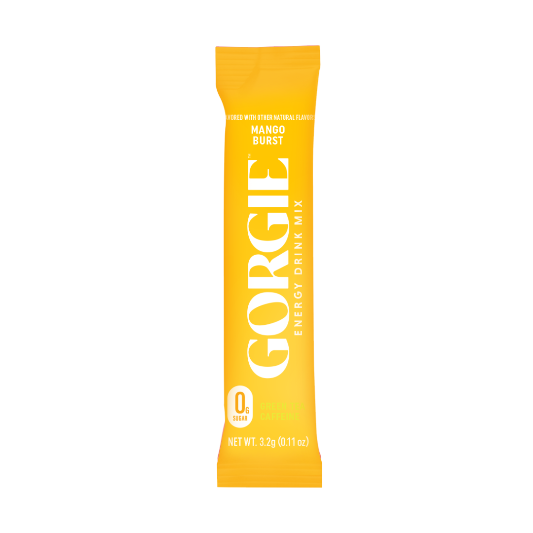 Gorgie Mango Burst energy drink mix advertises zero sugar and green tea caffeine on its yellow packet.