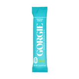 A turquoise packet features "Gorgie Tropical Punch Energy Drink Mix" with zero sugar and green tea caffeine.
