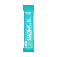 A turquoise packet features "Gorgie Tropical Punch Energy Drink Mix" with zero sugar and green tea caffeine.
