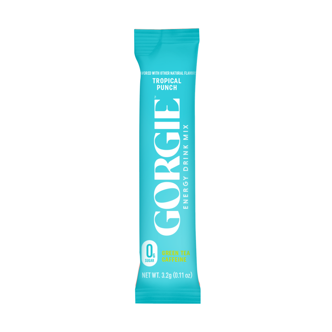 A turquoise packet features "Gorgie Tropical Punch Energy Drink Mix" with zero sugar and green tea caffeine.
