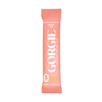 See a single-serving packet of Gorgie Peach Tea energy drink mix promising zero sugar and green tea caffeine.
