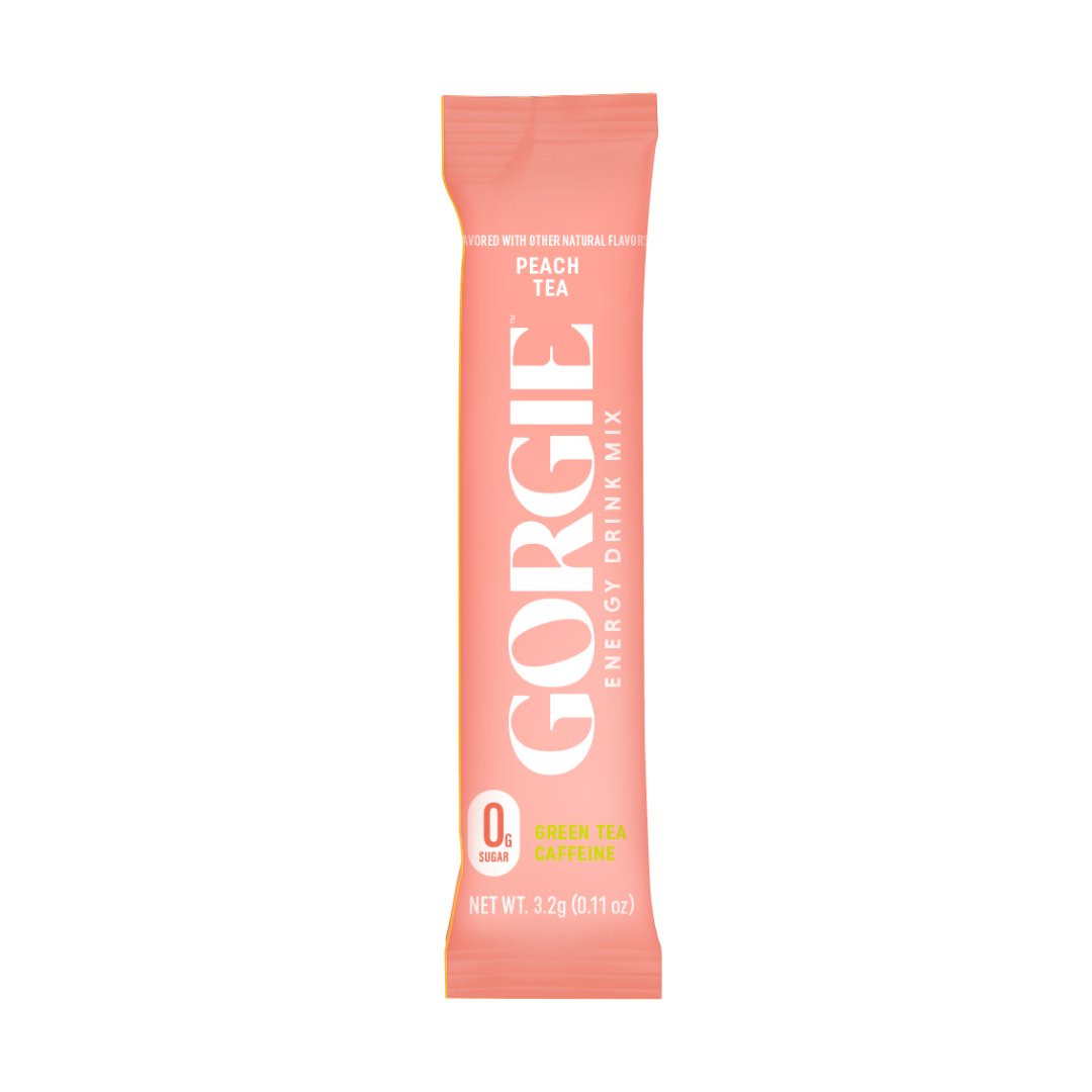 See a single-serving packet of Gorgie Peach Tea energy drink mix promising zero sugar and green tea caffeine.
