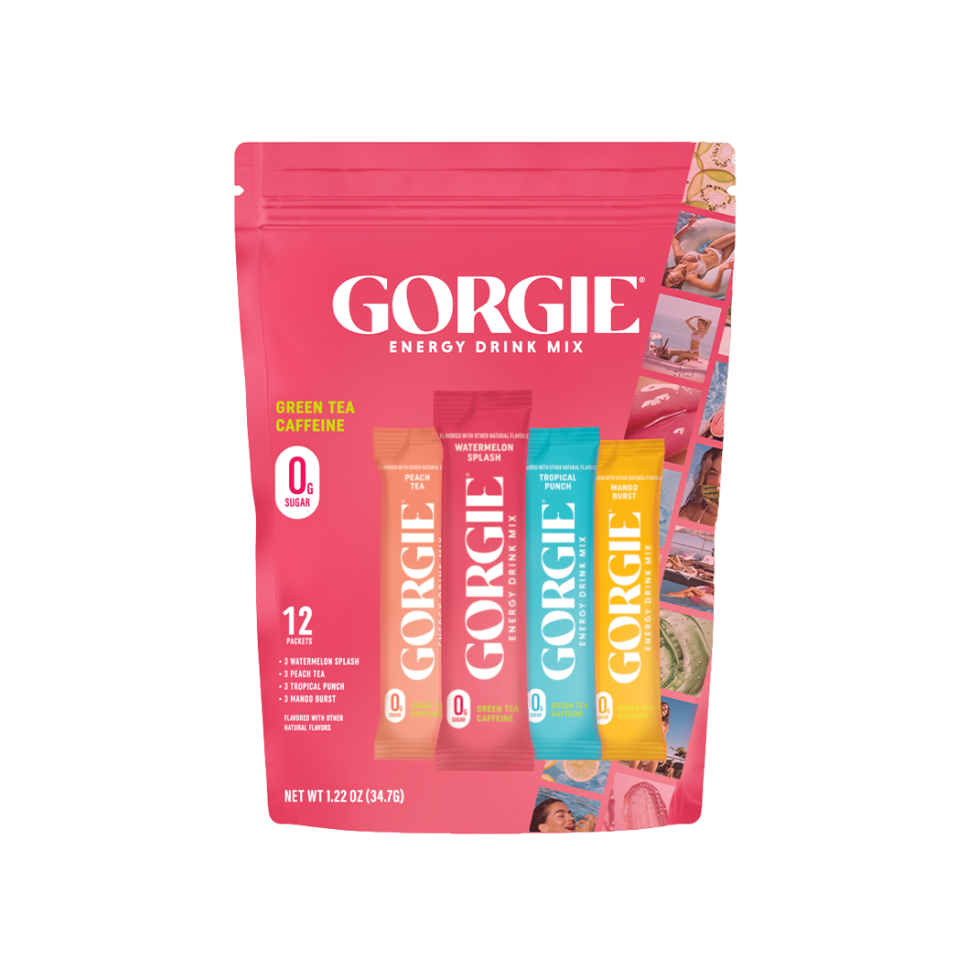 Showcases a pink pouch of Gorgie Energy Drink Mix with peach tea, watermelon splash, tropical punch, and mango burst flavors.
