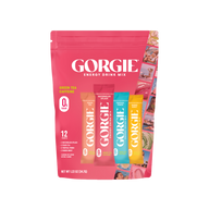 Showcases a pink pouch of Gorgie Energy Drink Mix with peach tea, watermelon splash, tropical punch, and mango burst flavors.
