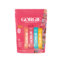 Showcases a pink pouch of Gorgie Energy Drink Mix with peach tea, watermelon splash, tropical punch, and mango burst flavors.
