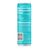 Examine a turquoise can featuring a nutrition facts label for a low-calorie, zero-percent juice drink, listing 5 calories, vitamins, and ingredients including green tea caffeine, complete with a recycle symbol and distributor information.
