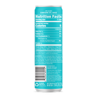 Examine a turquoise can featuring a nutrition facts label for a low-calorie, zero-percent juice drink, listing 5 calories, vitamins, and ingredients including green tea caffeine, complete with a recycle symbol and distributor information.
