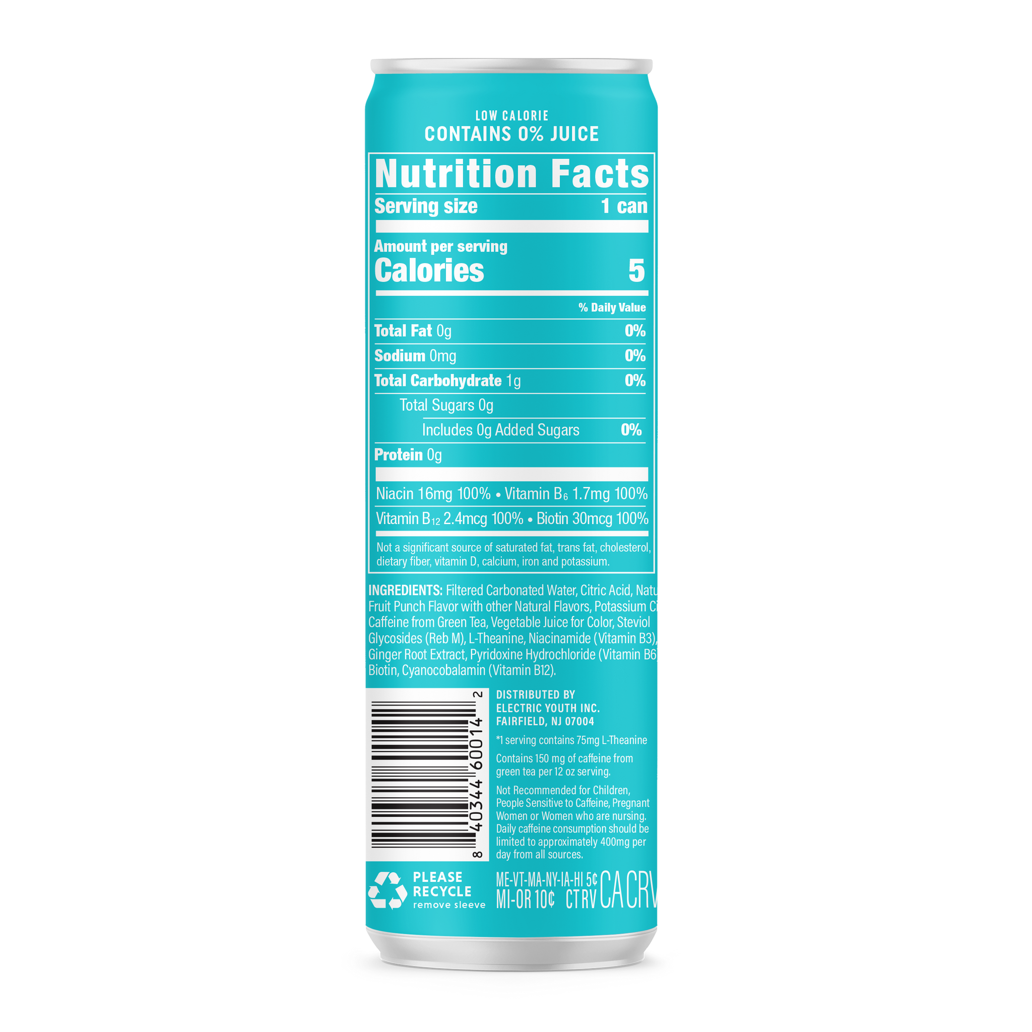 Examine a turquoise can featuring a nutrition facts label for a low-calorie, zero-percent juice drink, listing 5 calories, vitamins, and ingredients including green tea caffeine, complete with a recycle symbol and distributor information.
