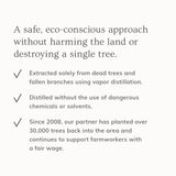 Eco-conscious company touts its sustainable practices of extracting resources from dead trees, avoiding harmful chemicals, and replanting over 30,000 trees while ensuring fair wages.
