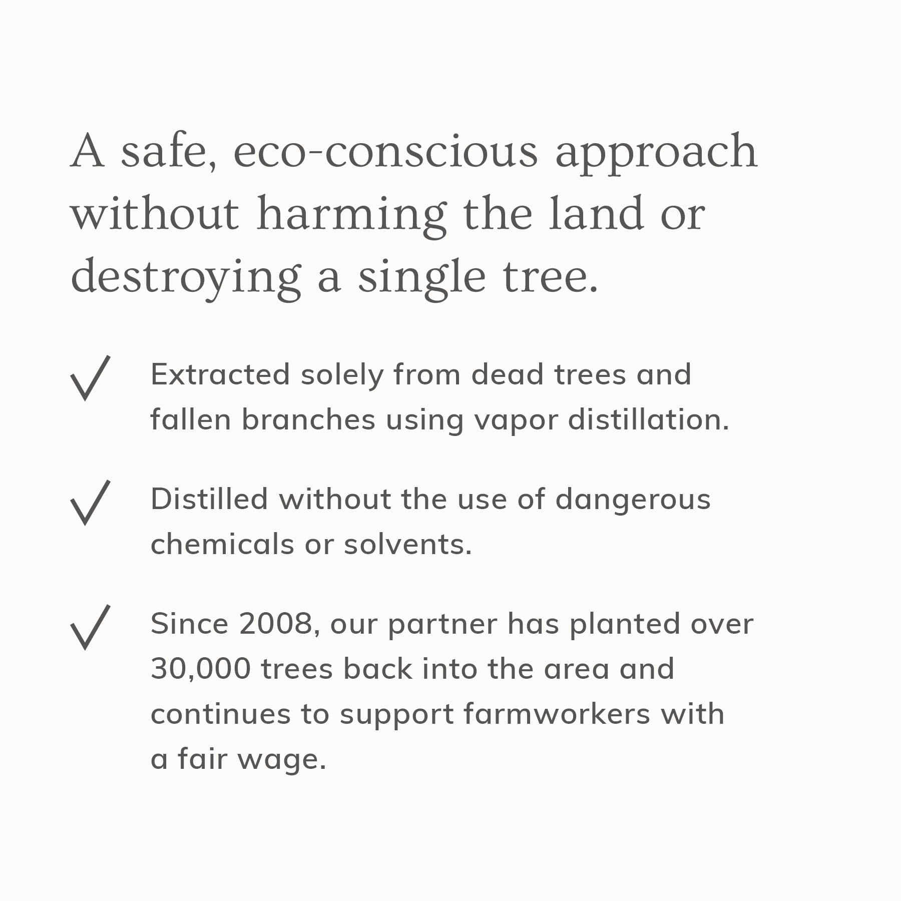 Eco-conscious company touts its sustainable practices of extracting resources from dead trees, avoiding harmful chemicals, and replanting over 30,000 trees while ensuring fair wages.
