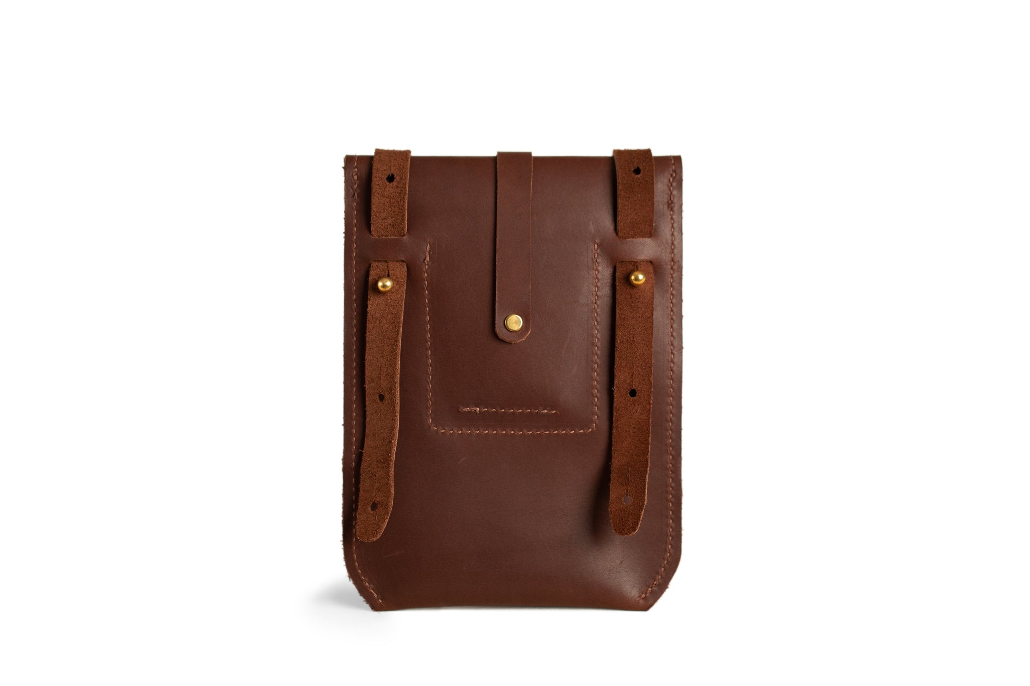Showcases a handcrafted dark brown leather belt pouch featuring adjustable straps and brass button closure, ideal for everyday carry.
