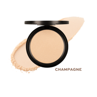 The opened compact displays champagne-toned face powder alongside a shimmering swatch.
