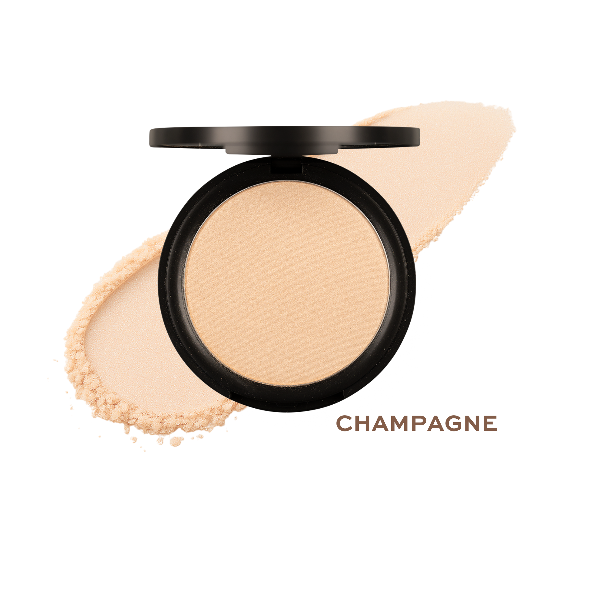 The opened compact displays champagne-toned face powder alongside a shimmering swatch.
