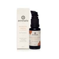 Annmarie's Probiotic Serum, a bio facial elixir with tremella, sits next to its product box.
