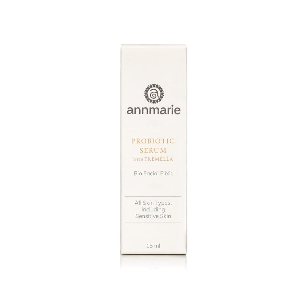 Annmarie Probiotic Serum, a bio facial elixir for all skin types including sensitive skin, stands on a white surface.
