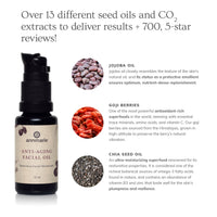 Annmarie Anti-Aging Facial Oil, featuring jojoba, goji berries, and chia seed oil, promises restorative moisturization.
