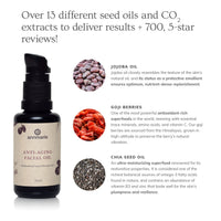 Annmarie Anti-Aging Facial Oil bottle showcases key ingredients like jojoba, goji berries, and chia seed for natural skincare benefits.
