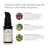 Annmarie Herbal Facial Oil bottle highlights grapeseed, tamanu, and blue chamomile essential oil ingredients.

