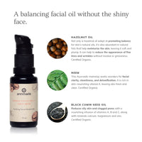 Annmarie's herbal facial oil for oily skin presents itself alongside hazelnut, neem, and black cumin seed ingredients promoting a balanced, clear complexion.
