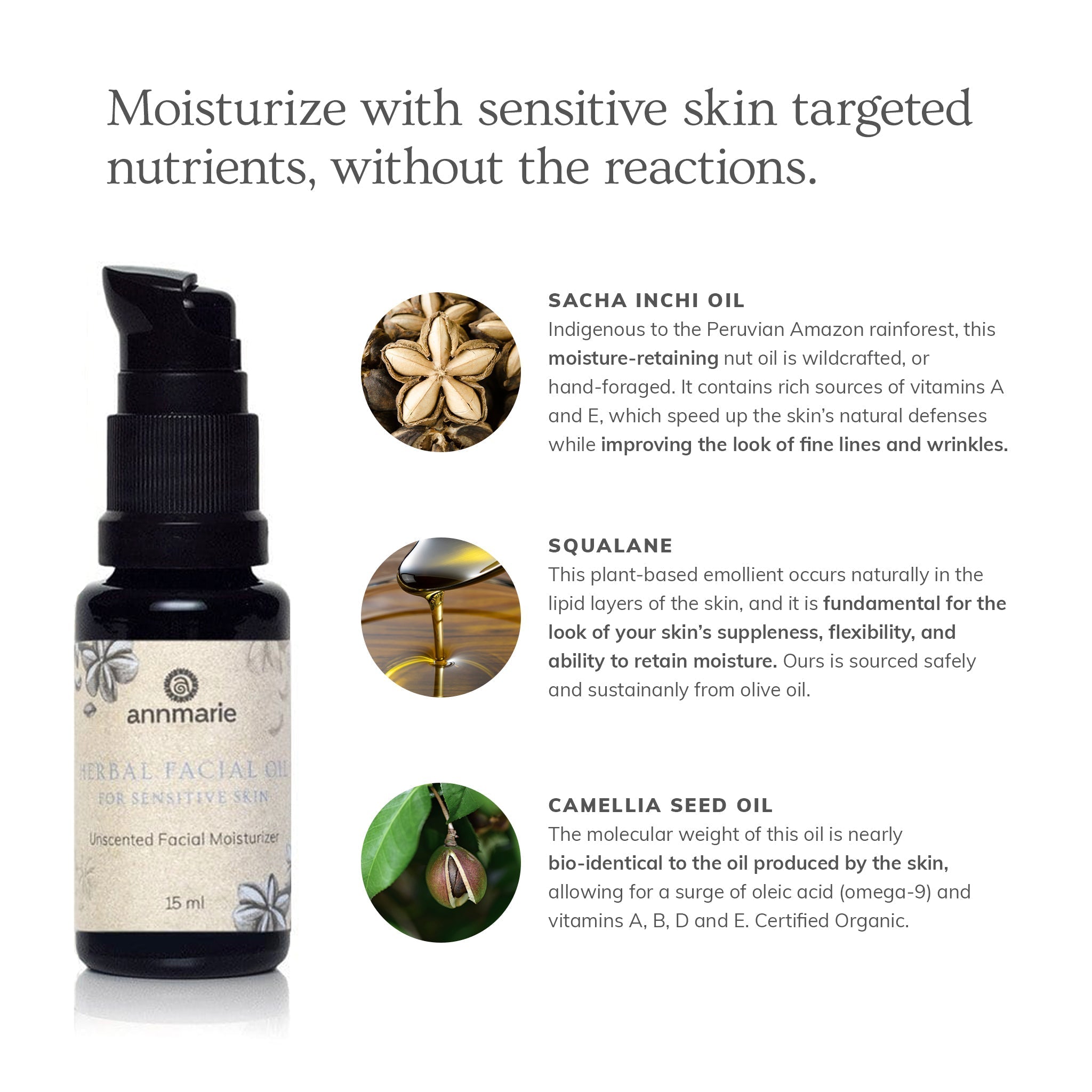 Annmarie's Herbal Facial Oil for sensitive skin promises moisture with sacha inchi, squalane, and camellia seed oil.
