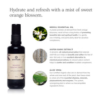 Annmarie Neroli Toning Mist, an uplifting face and body mist, highlights its natural ingredients: neroli essential oil, aspen bark extract, and aloe vera.
