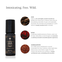 Showcases a luxury essential oil blend, Oud Révélé, featuring Oud, Rose, and Sandalwood scents.
