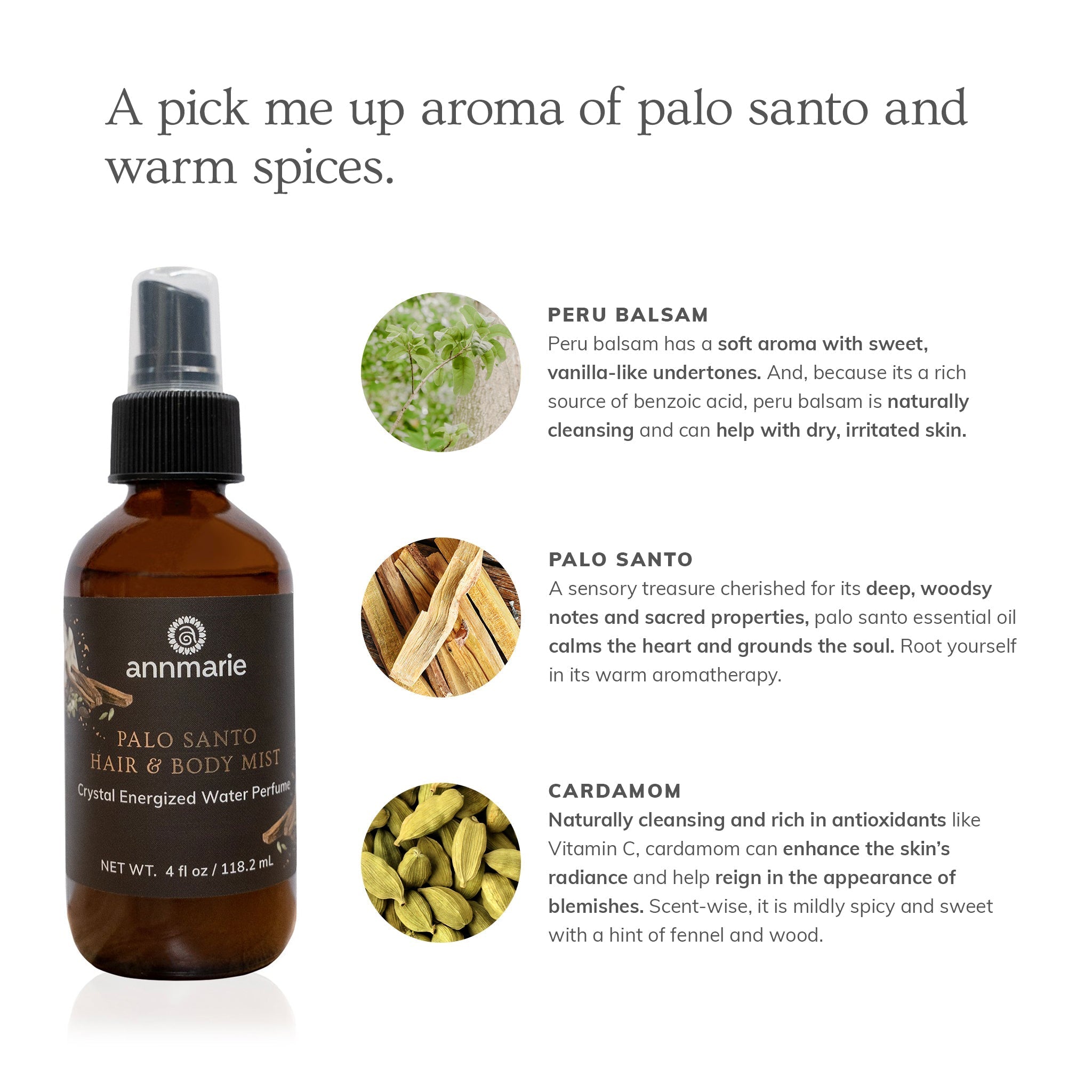 Annmarie's Palo Santo Hair & Body Mist, featuring Peru Balsam and Cardamom, offers crystal-energized aromatherapy.

