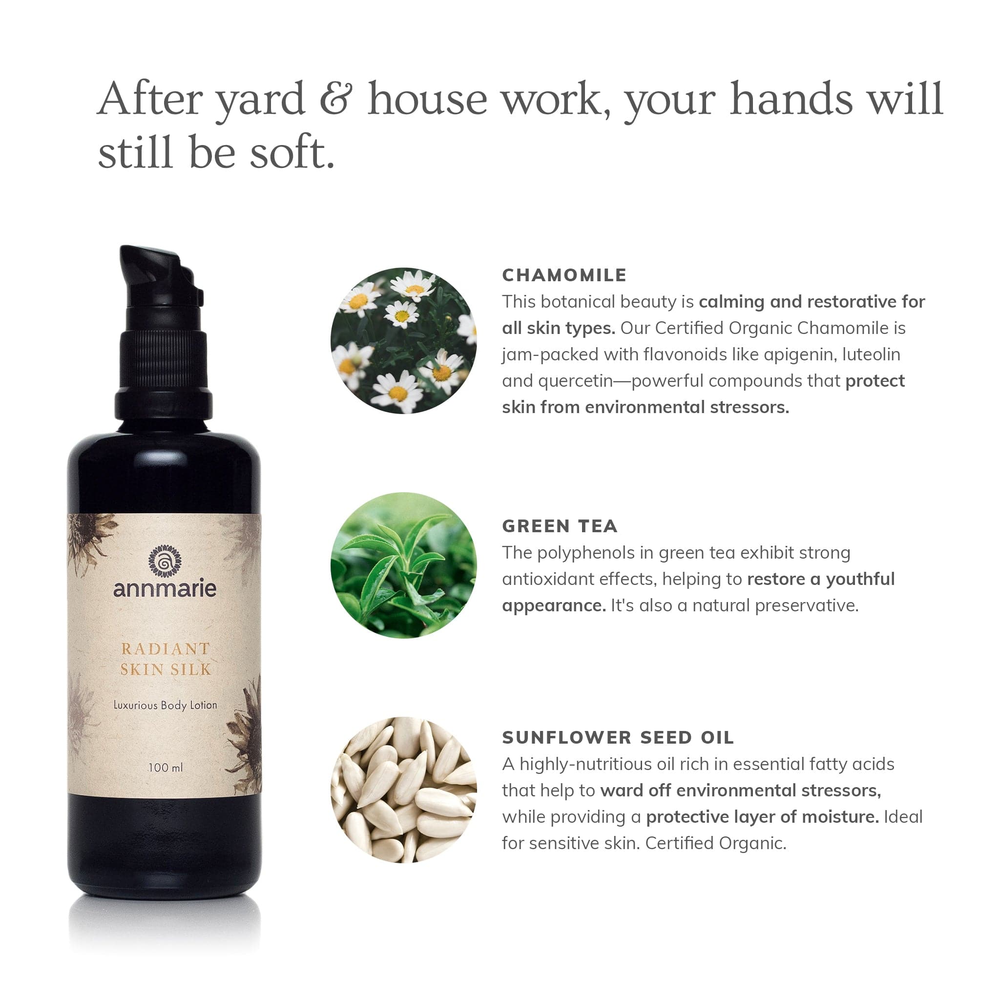 Annmarie Radiant Skin Silk lotion hydrates and protects skin with chamomile, green tea, and sunflower seed oil.
