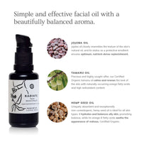 Showcases Radiate facial moisturizing oil alongside its key ingredients: jojoba, tamanu, and hemp seed oil, emphasizing its benefits for skin hydration and balance.
