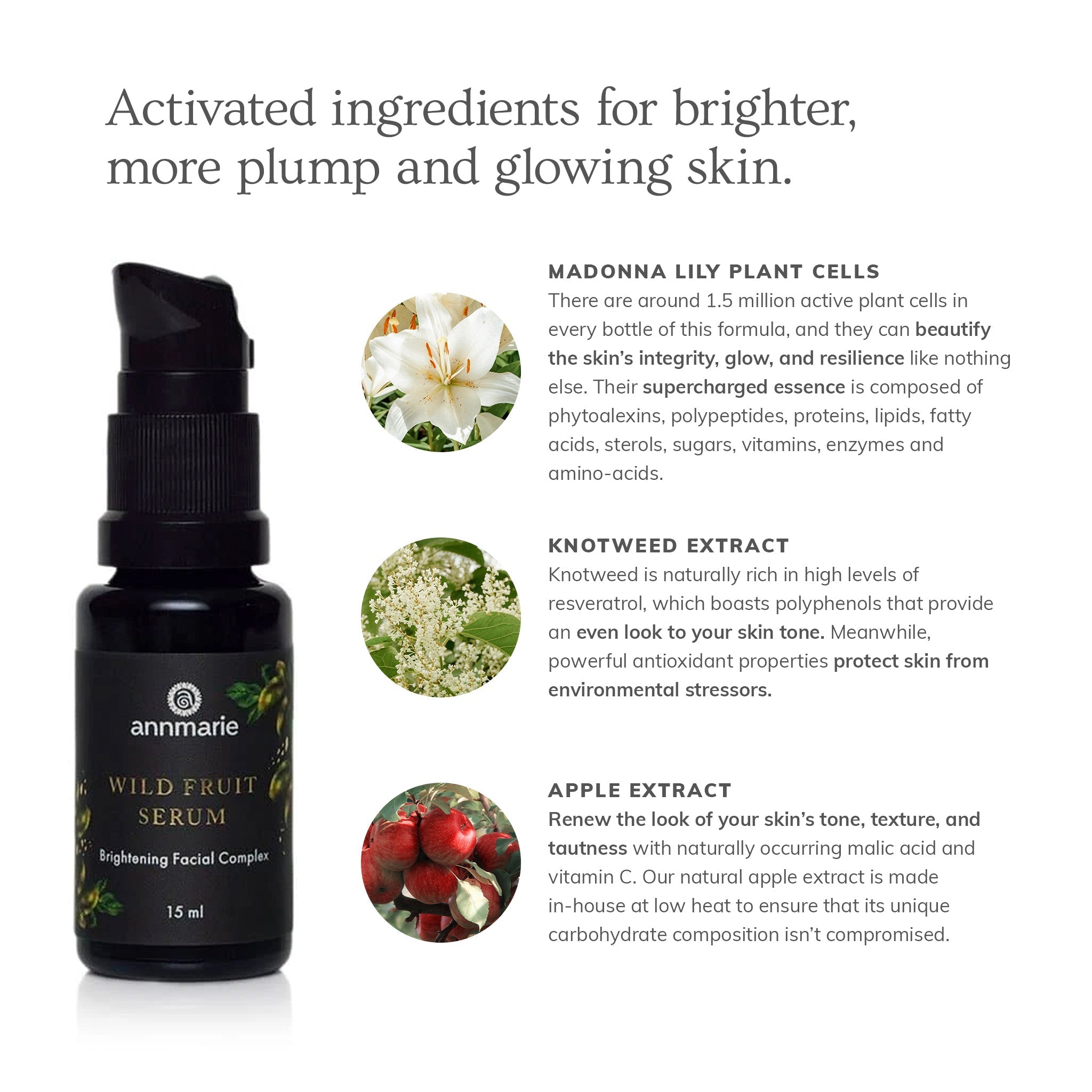 Annmarie Wild Fruit Serum bottle promotes brighter skin with Madonna Lily, Knotweed, and Apple extracts.
