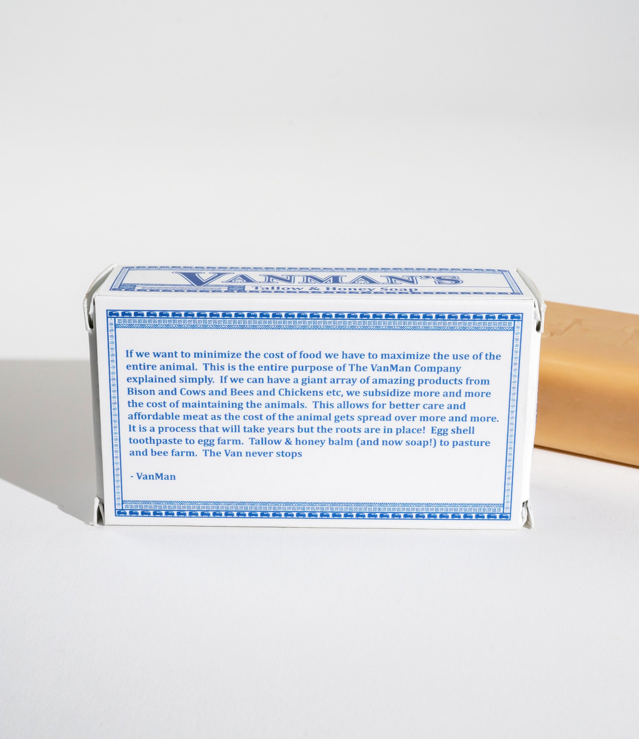 VanMan's Tallow & Honey Soap box shows the brand's commitment to sustainable, full-animal use for creating diverse farm-to-skin products.
