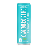 A refreshing teal can showcases Gorgie Energy Drink, a sparkling tropical punch flavored with natural ingredients and zero sugar.