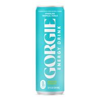 A refreshing teal can showcases Gorgie Energy Drink, a sparkling tropical punch flavored with natural ingredients and zero sugar.