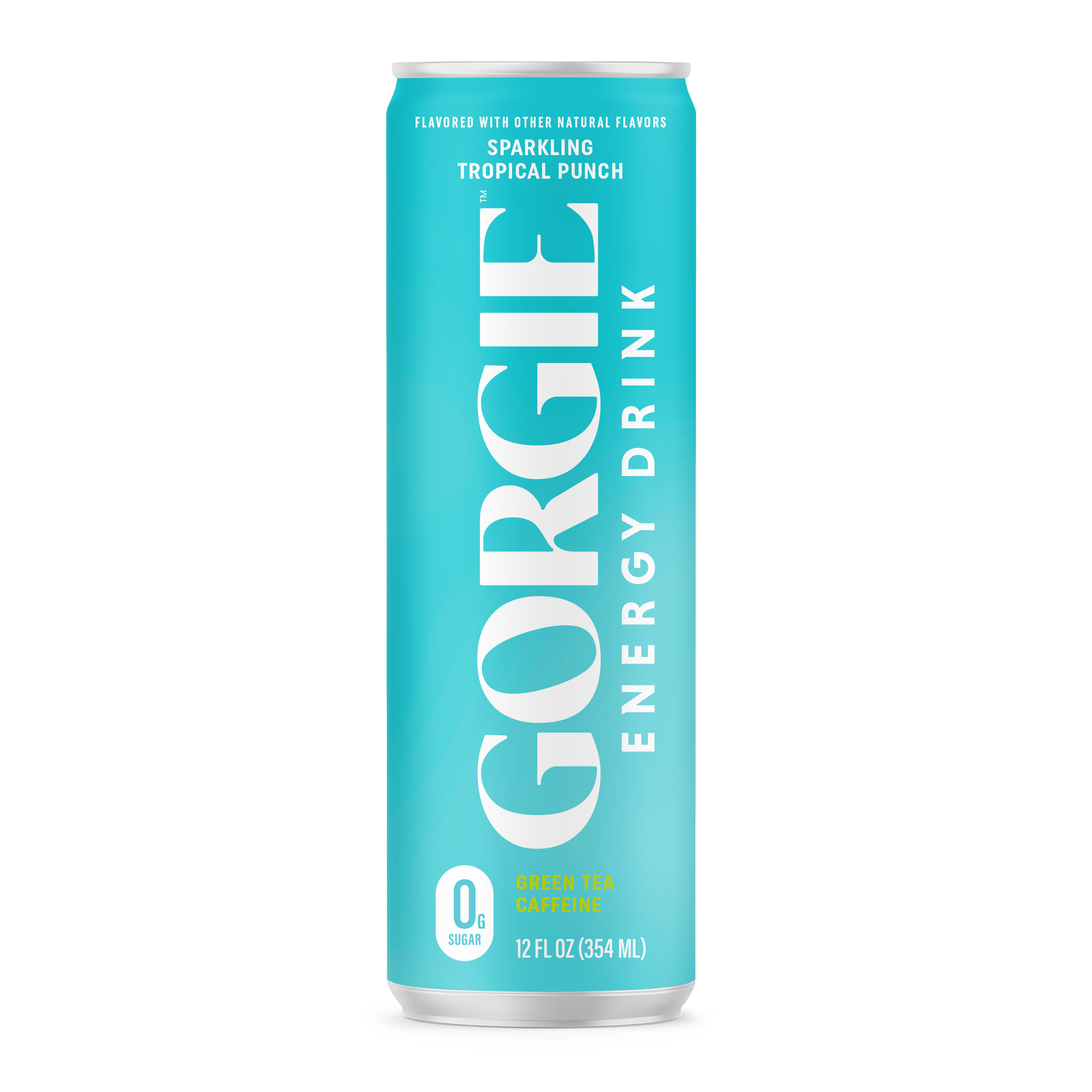 A refreshing teal can showcases Gorgie Energy Drink, a sparkling tropical punch flavored with natural ingredients and zero sugar.